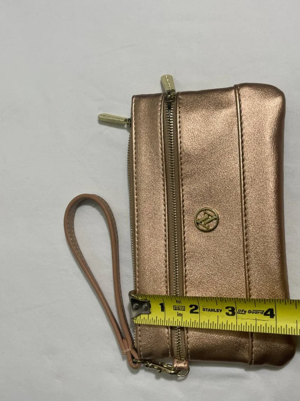 Adrienne Vittadini Rose Gold Metallic Wristlet Wallet Clutch Double Zip Pouch